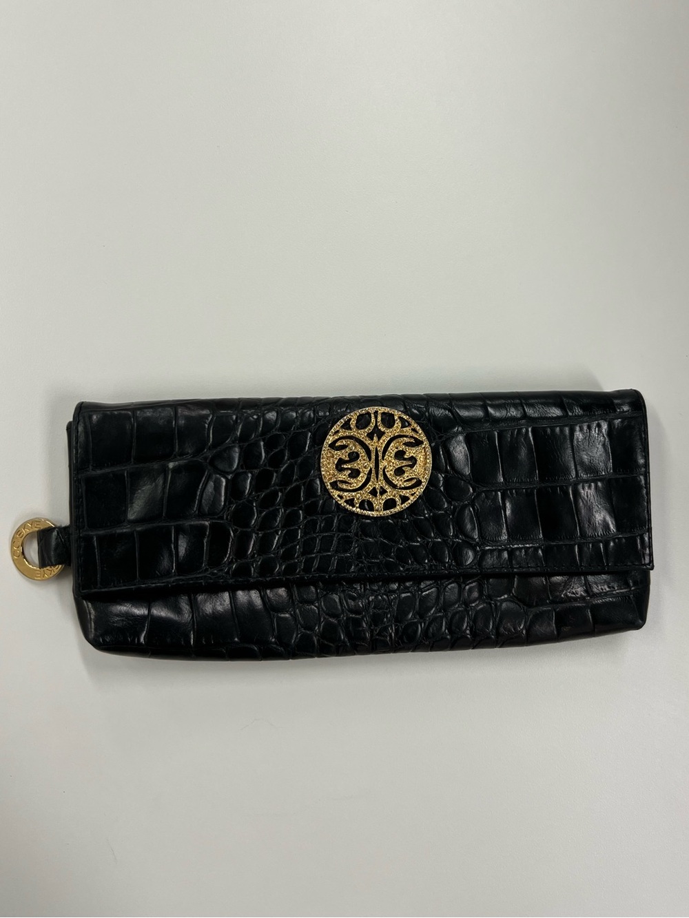CC Skye Black Leather Crocodile Embossed Clutch